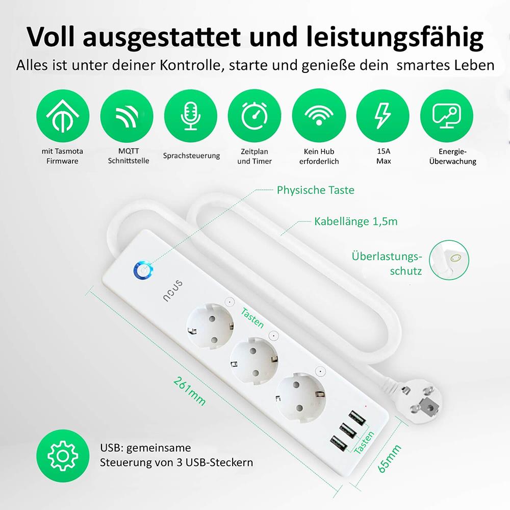 Nous A5T 3-fach AC+USB Smart WiFi Steckdosenleiste Verbrauchsmessung Tasmota