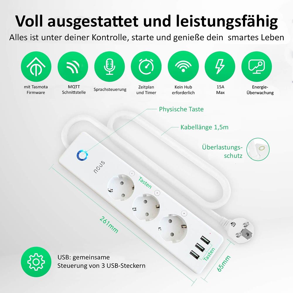 Nous A5T 3-way WiFi power strip USB consumption measurement Tasmota opt. calibrated