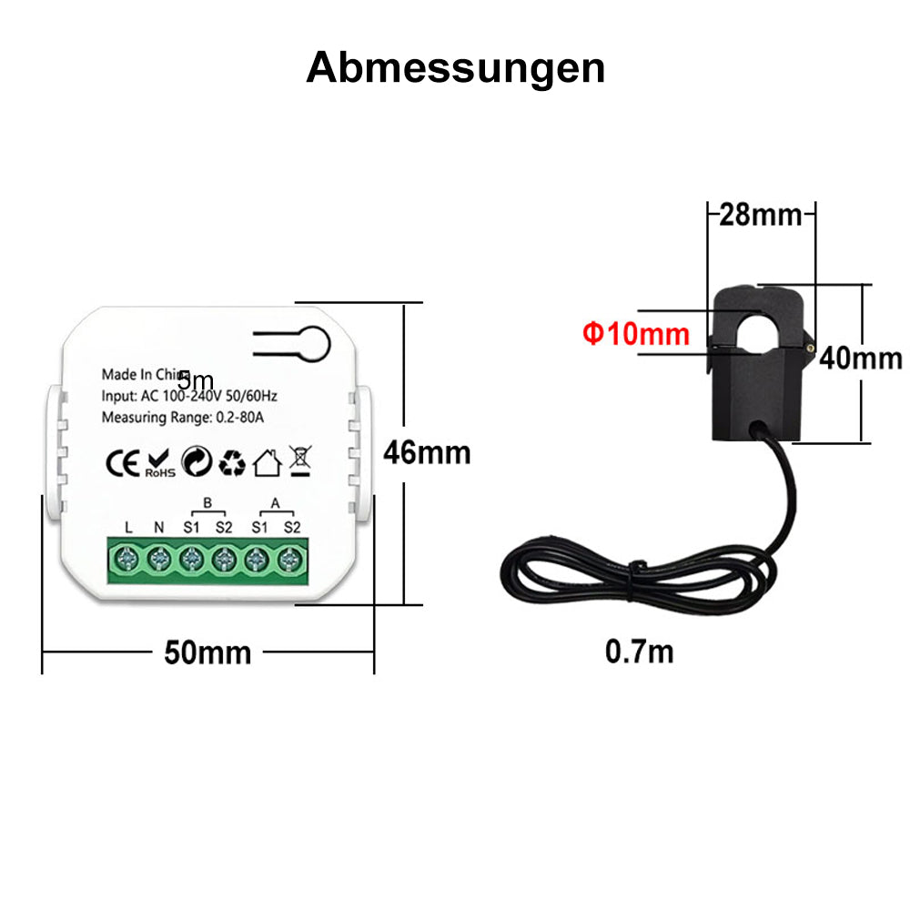 Tuya ZigBee Smart Energiezähler Bidirektional 2 Kanäle Stromwandler Klemme 80A