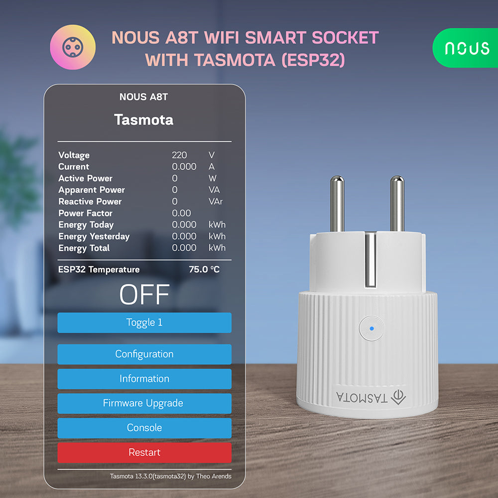 4X Nous A8T 10A WiFi Matter Smart Socket Electricity Meter Tasmota - opt. calibrated