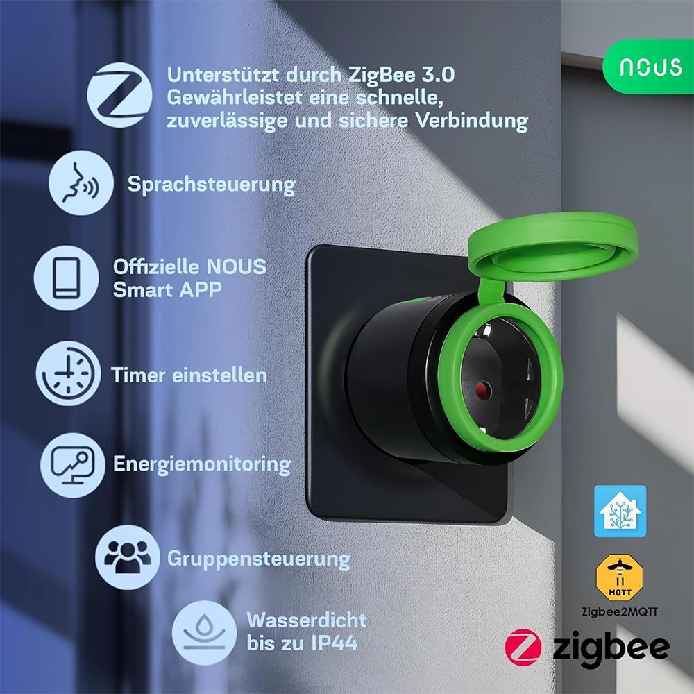 Nous A6Z Zigbee IP44 Outdoor Smart Socket 16A Consumption Measurement ZHA 2MQTT