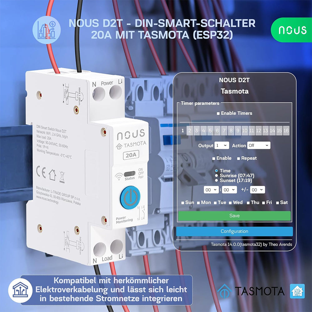 Nous D2T 20A WiFi DIN Smart Switch Consumption Metering ESP32 Matter MQTT Tasmota