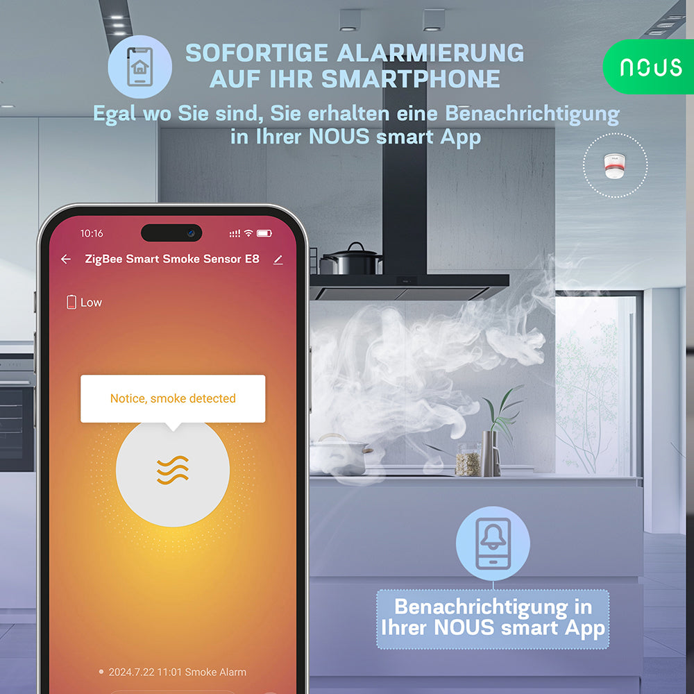 NOUS E8 Zigbee 3.0 Smart Smoke Detector Smoke Sensor Photoelectric 85dB 2MQTT ZHA
