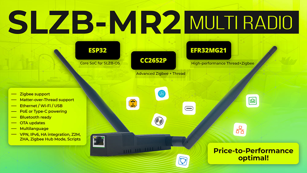 SMLIGHT SLZB-MR2 Zigbee Thread Multiradio CC2652P EFR32MG21 LAN PoE USB Wi-Fi