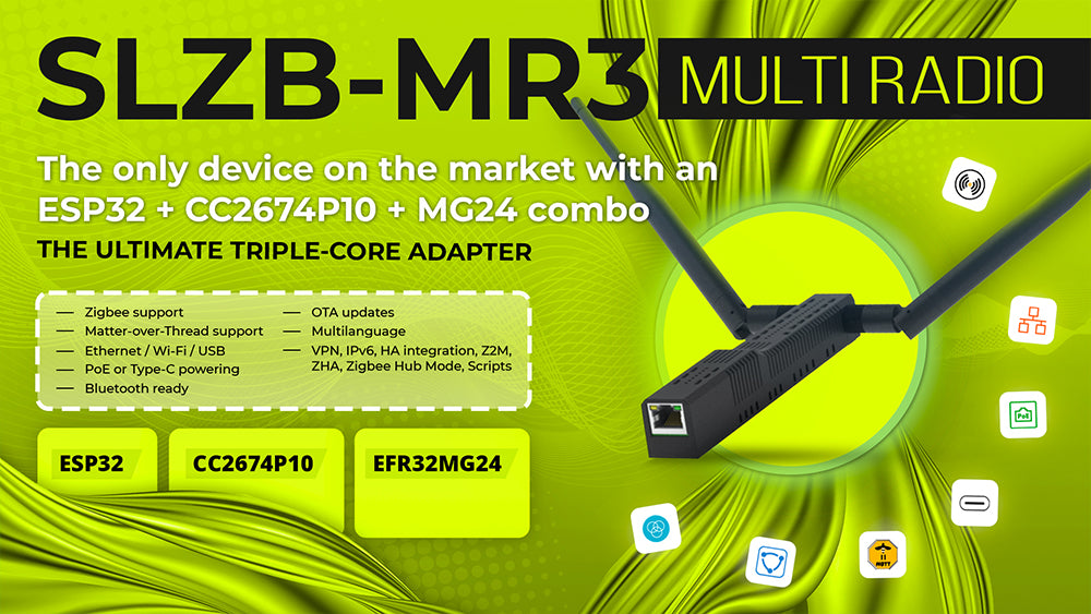 SMLIGHT SLZB-MR3 Zigbee Thread Multiradio CC2652P10 EFR32MG24 LAN PoE USB Wi-Fi