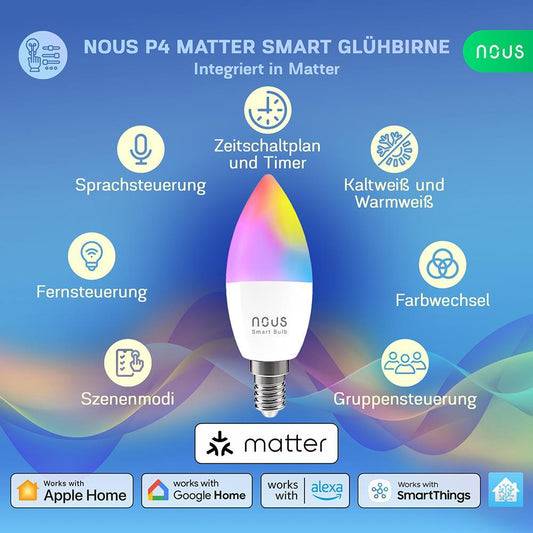 2X NOUS P4 Smart LED WiFi Matter Bulb Lamp RGB 4.5 Watt E14 Socket 2700-6500K