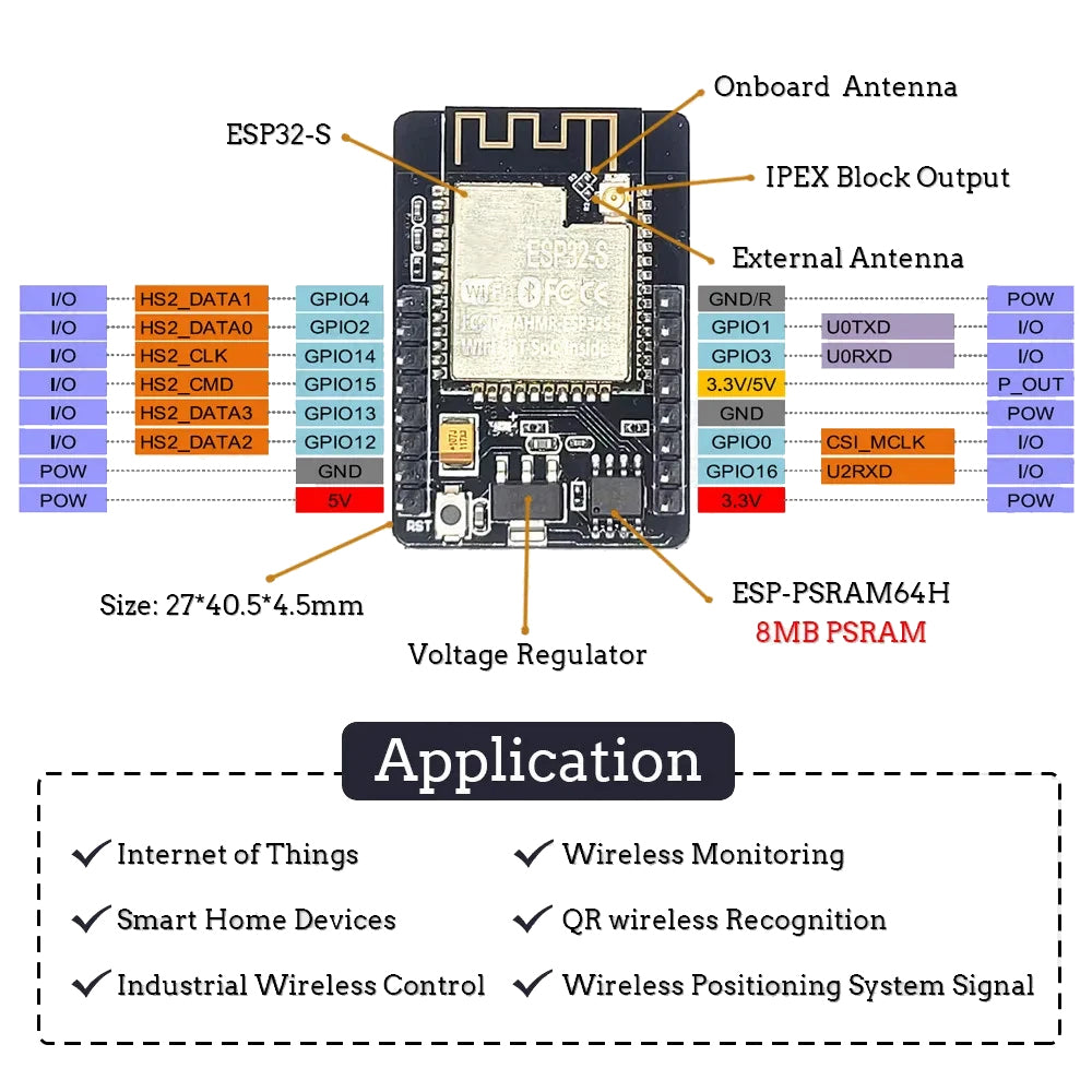 ESP32-CAM WiFi + Bluetooth Camera Module Dev-Board 8MB PSRAM OV2640 2Megapixel