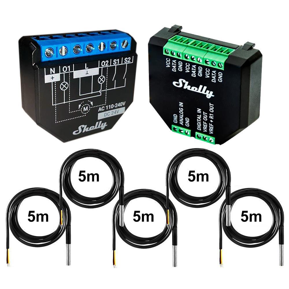 Shelly Plus 2PM + Plus Addon + DS18B20 Temp Sensor 16A DC-AC WiFi Power Metering