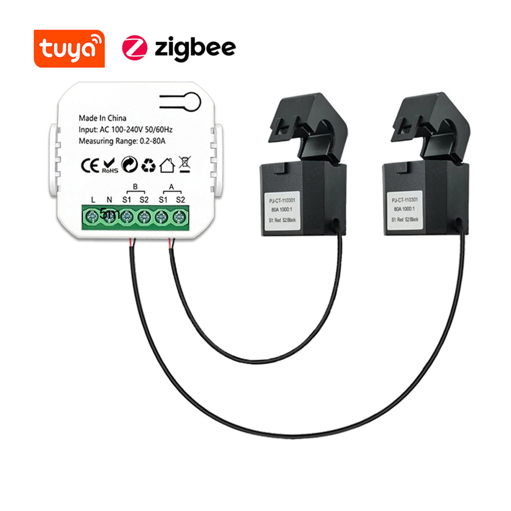 Tuya ZigBee Smart Energiezähler Bidirektional 2 Kanäle Stromwandler Klemme 80A