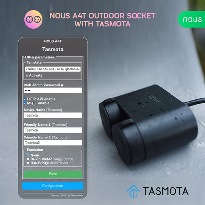 Nous A4T WiFi IP44 Dual Outdoor Smart Socket 16A power consumption measurement Tasmota