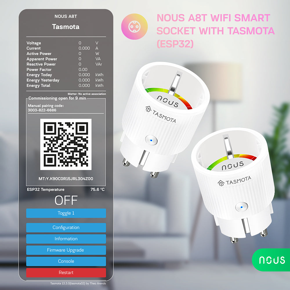 4X Nous A8T 10A WiFi Matter Smart Socket Stromzähler Tasmota - opt. calibrated