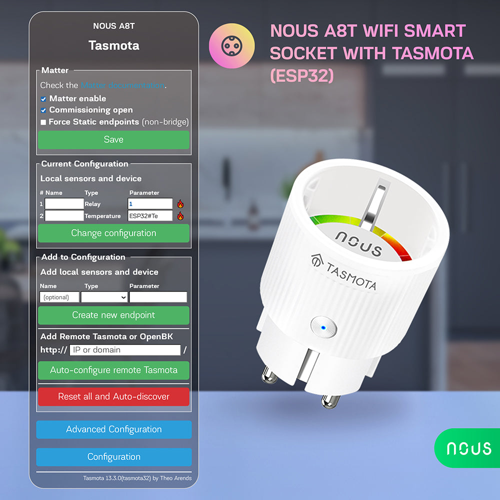 4X Nous A8T 10A WiFi Matter Smart Socket Electricity meter Tasmota - opt. calibrated