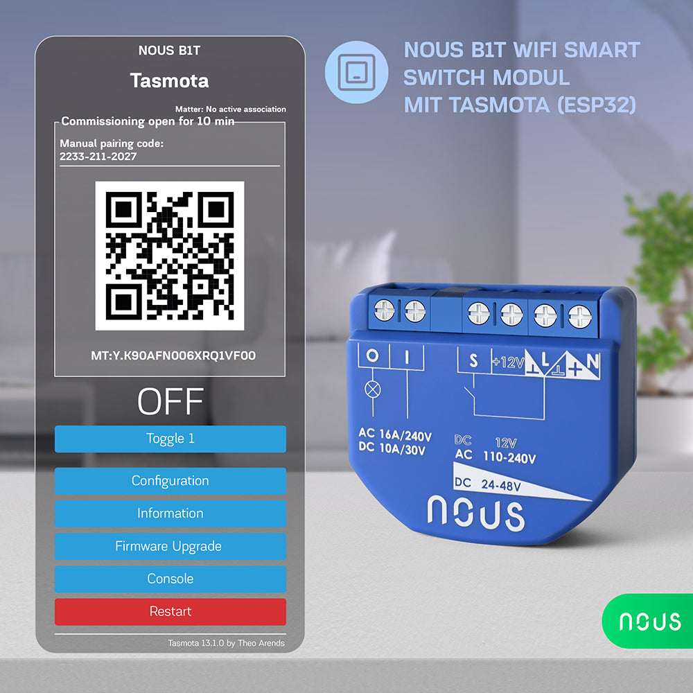 NOUS B1T WiFi Smart Switch 1 Kanal 1 Channel AC - 12V DC no PM ESP32 Tasmota