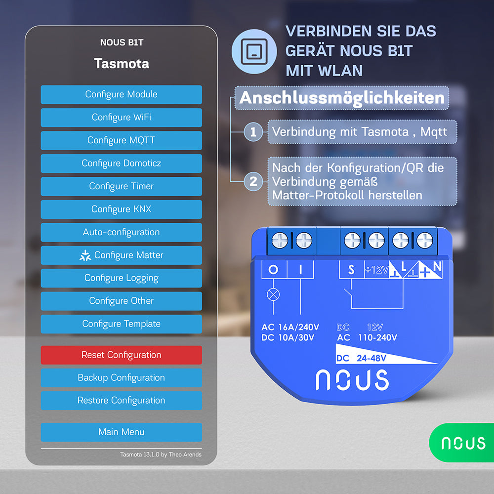 NOUS B1T WiFi Smart Switch 1 Channel AC - 12V DC no PM ESP32 Tasmota