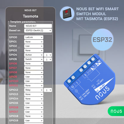 NOUS B1T WiFi Smart Switch 1 Channel AC - 12V DC no PM ESP32 Tasmota