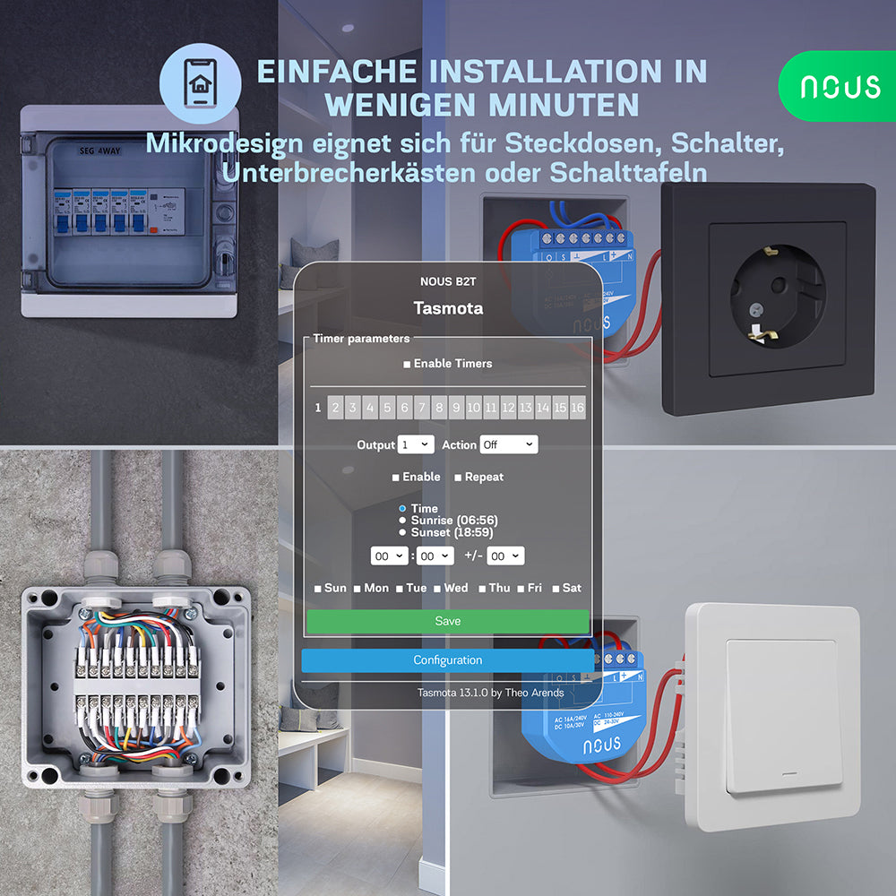 NOUS B2T WiFi Smart Switch 1 Channel ESP32 Power Metering Tasmota opt. calibrated