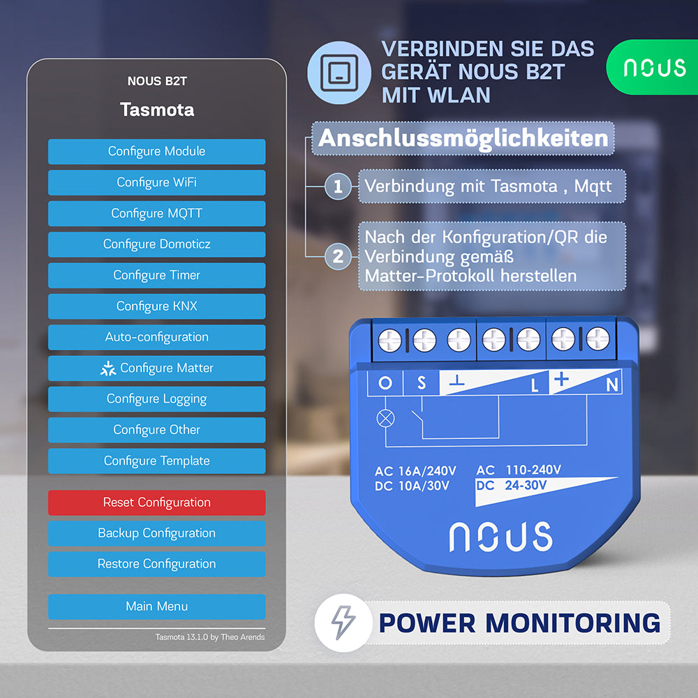 NOUS B2T WiFi Smart Switch 1 channel ESP32 Power Metering Tasmota opt. calibrated