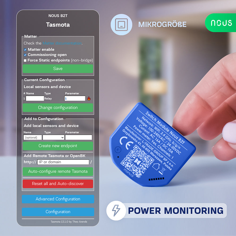 NOUS B2T WiFi Smart Switch 1 Channel ESP32 Power Metering Tasmota opt. calibrated