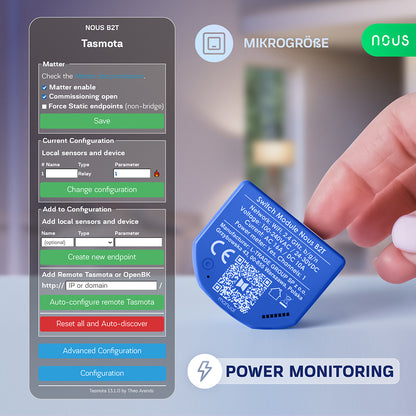 NOUS B2T WiFi Smart Switch 1 Kanal ESP32 Power Metering Tasmota opt. calibrated