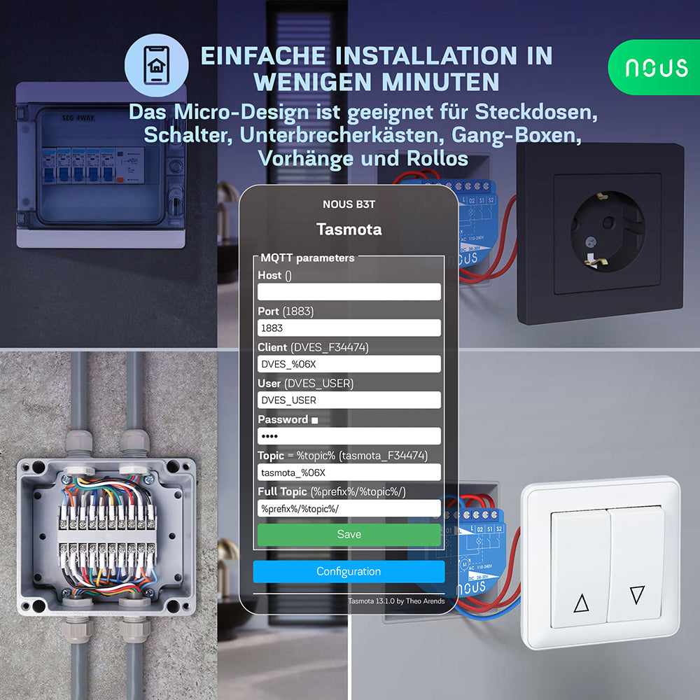 NOUS B3T WiFi Smart Switch 2 channel ESP32 Power Metering Tasmota opt. calibrated