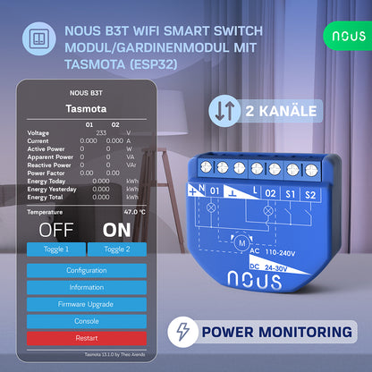 NOUS B3T WiFi Smart Switch 2 channel ESP32 Power Metering Tasmota opt. calibrated