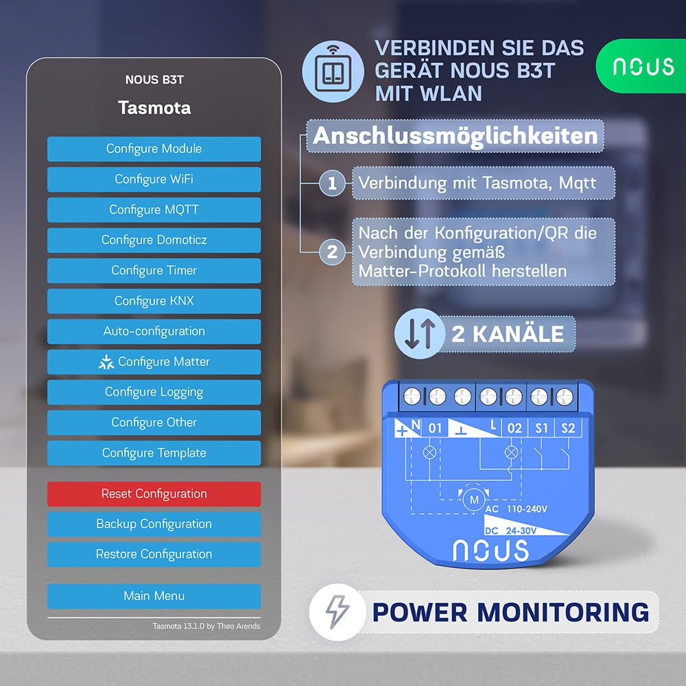 NOUS B3T WiFi Smart Switch 2 Kanal ESP32 Power Metering Tasmota opt. calibrated