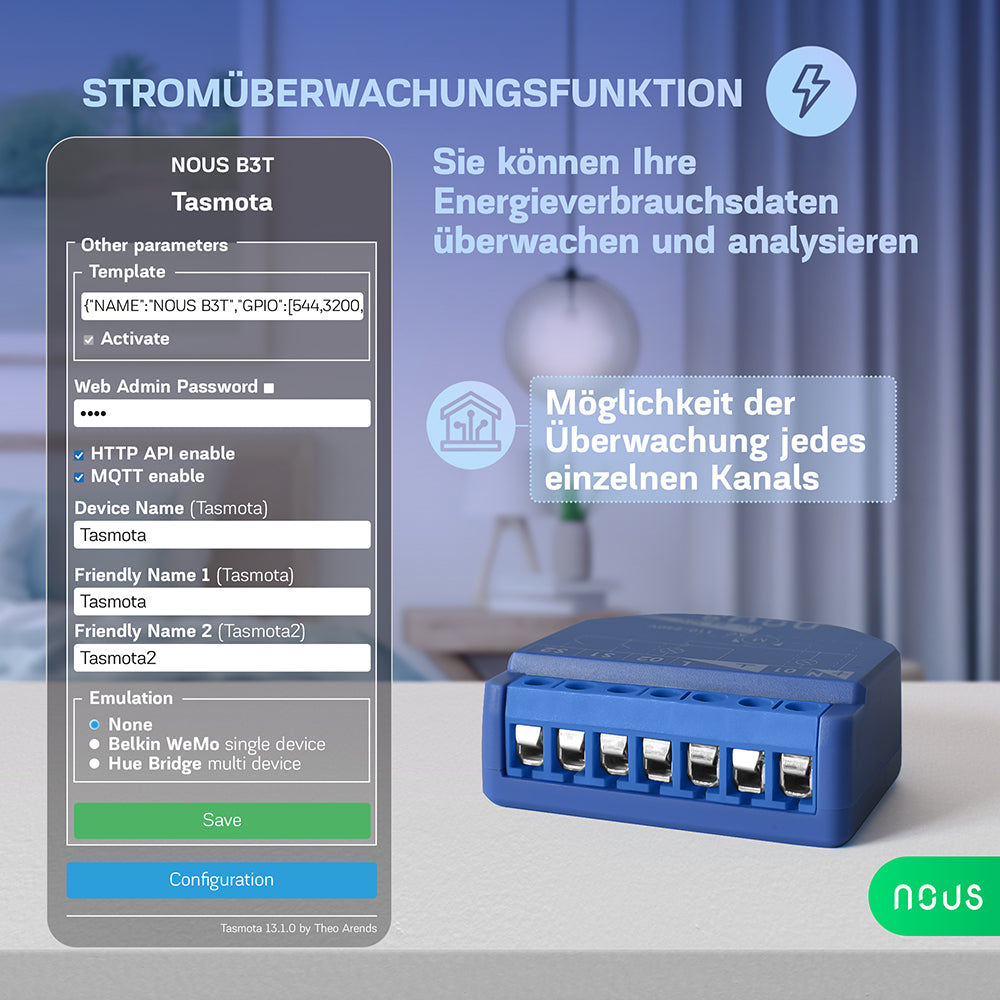 NOUS B3T WiFi Smart Switch 2 channel ESP32 Power Metering Tasmota opt. calibrated