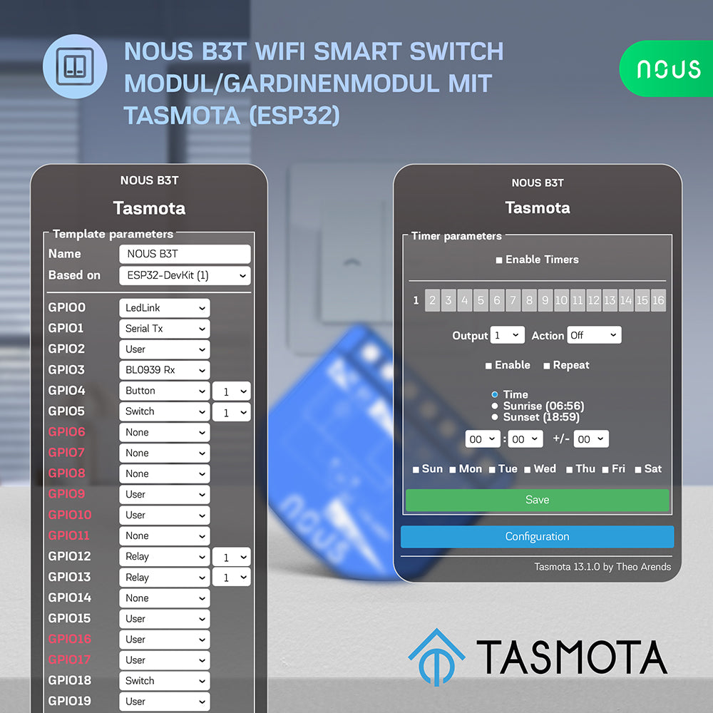 NOUS B3T WiFi Smart Switch 2 Kanal ESP32 Power Metering Tasmota opt. calibrated