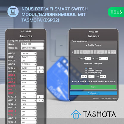 NOUS B3T WiFi Smart Switch 2 channel ESP32 Power Metering Tasmota opt. calibrated