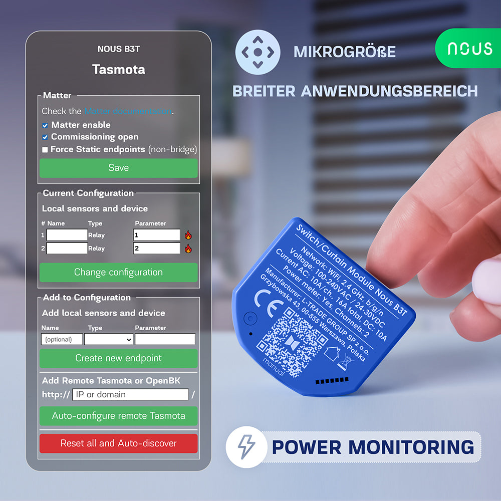 NOUS B3T WiFi Smart Switch 2 channel ESP32 Power Metering Tasmota opt. calibrated