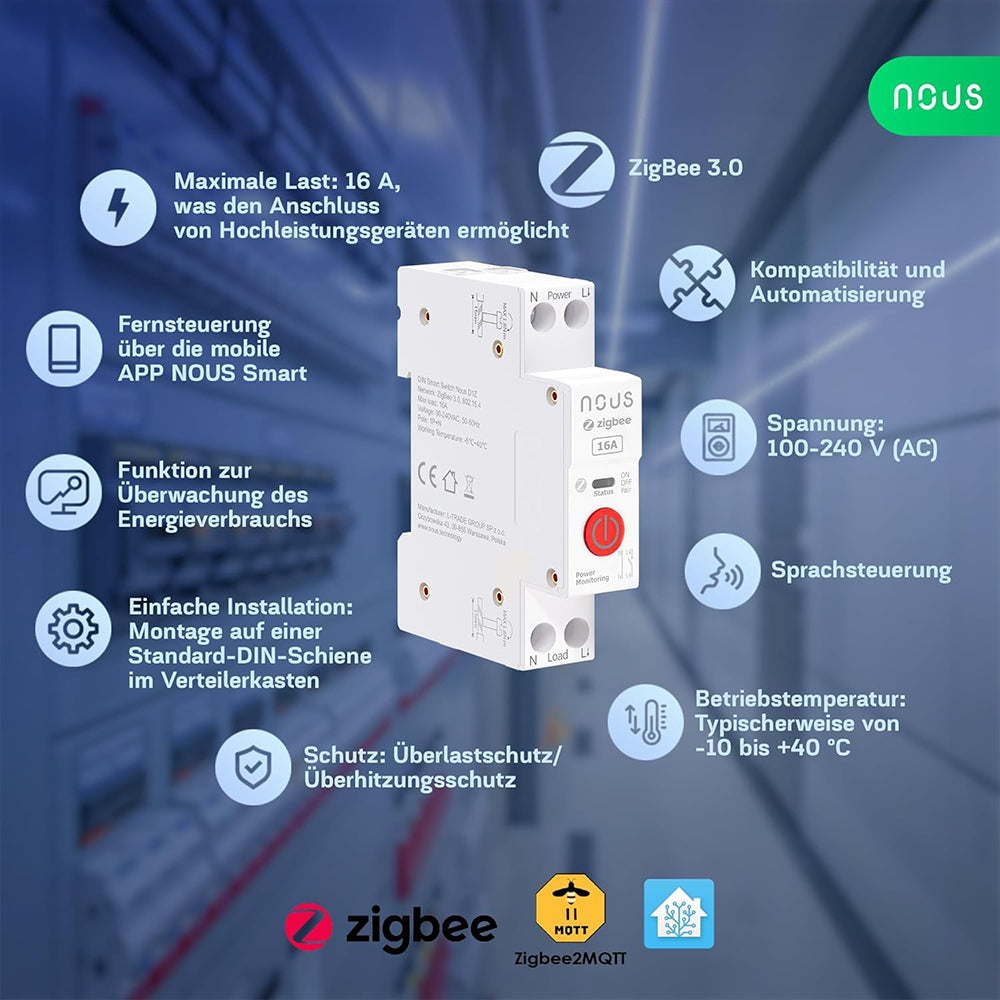 Nous D1Z Zigbee DIN Smart Switch 16A Verbrauchsmessung 1 Kanal ZHA ZIGBEE2MQTT