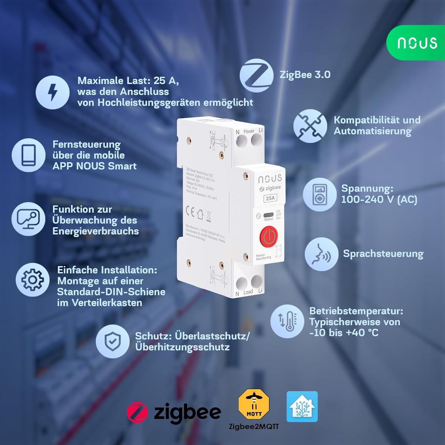 Nous D3Z Zigbee DIN Smart Switch 25A Verbrauchsmessung 1 Kanal ZHA ZIGBEE2MQTT