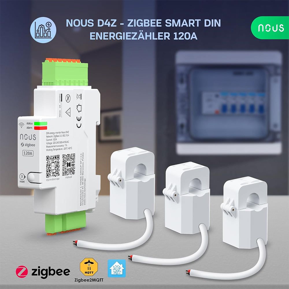 Nous D4Z Zigbee Smart DIN 120A 3 Phase Energy Monitor Bidirectional Zigbee2MQTT