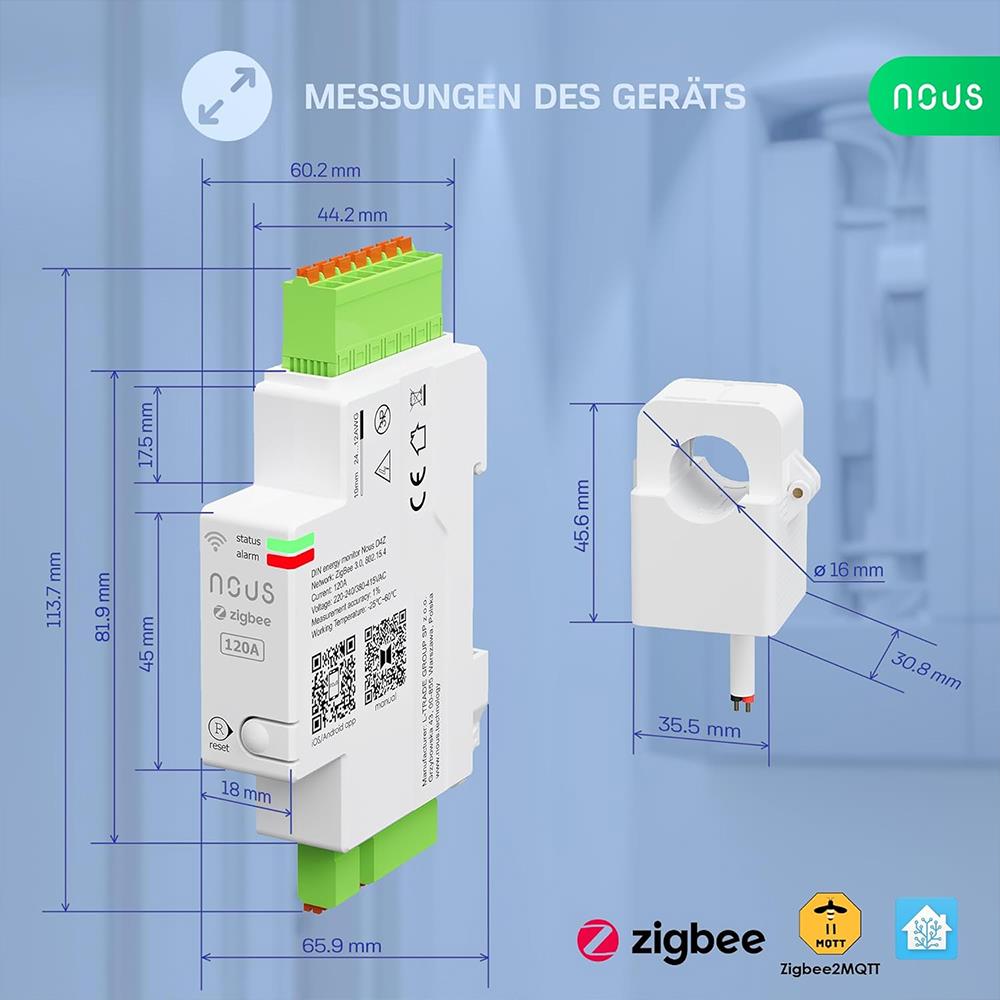 Nous D4Z Zigbee Smart DIN 120A 3 Phase Energy Monitor Bidirectional Zigbee2MQTT