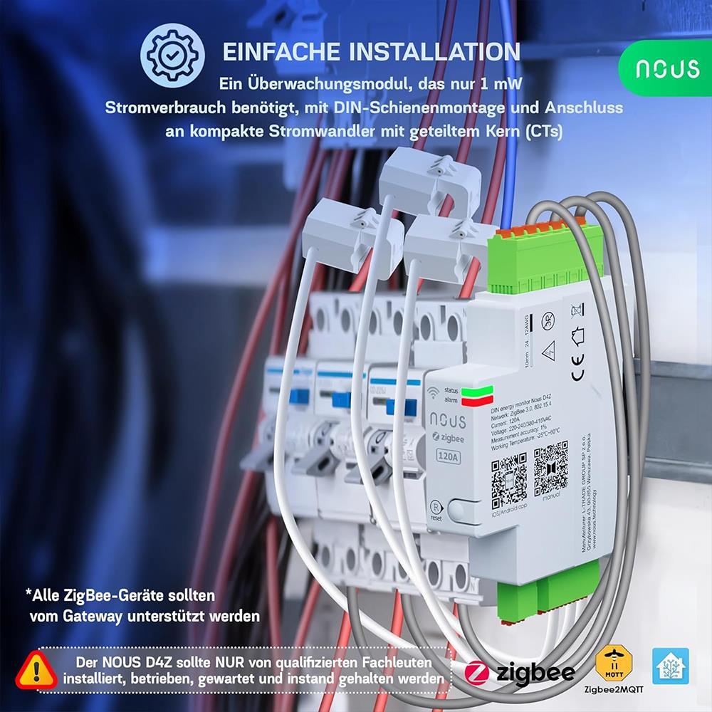 Nous D4Z Zigbee Smart DIN 120A 3 Phase Energy Monitor Bidirectional Zigbee2MQTT