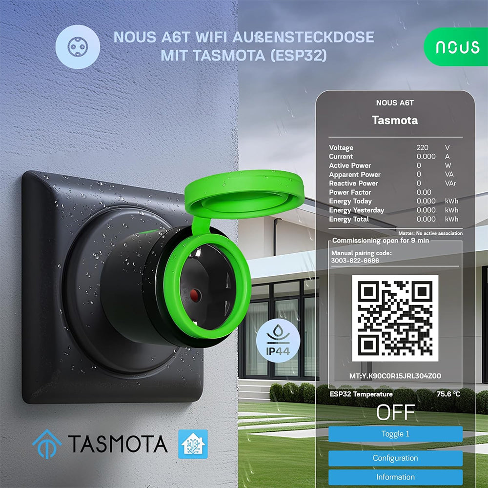 Nous A6T WiFi IP44 Outdoor Smart Socket 16A Energymetering Tasmota preinstalled