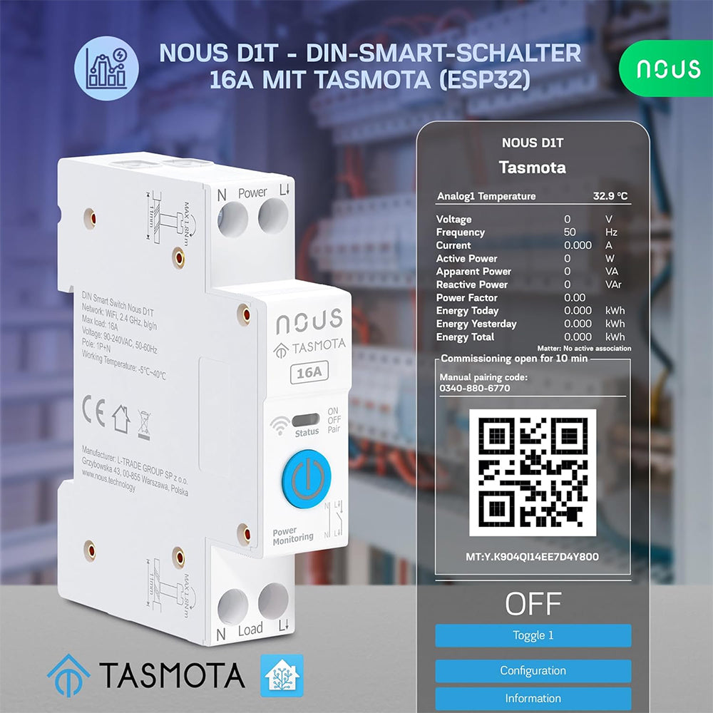 Nous D1T 16A WiFi DIN Smart Switch Power Metering  ESP32 Matter MQTT Tasmota