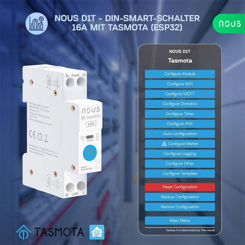 Nous D1T 16A WiFi DIN Smart Switch Power Metering  ESP32 Matter MQTT Tasmota