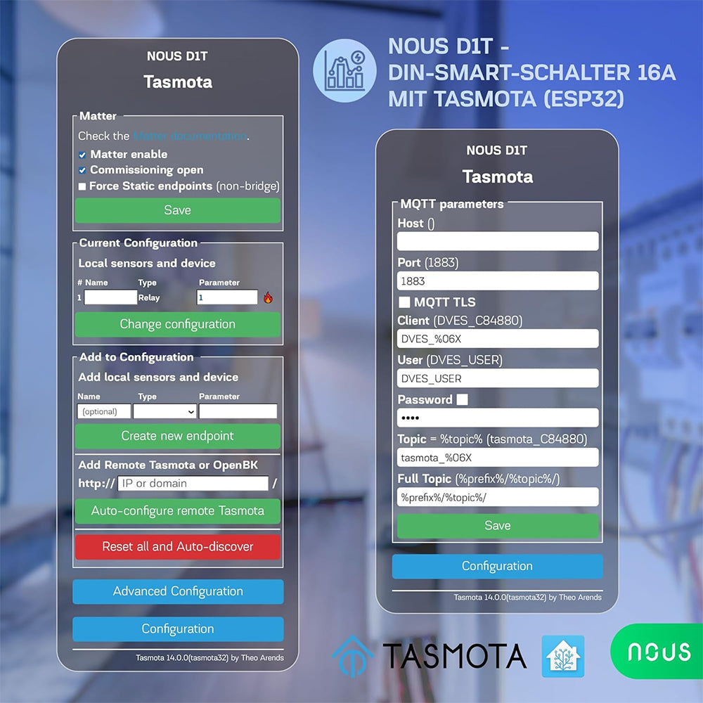 Nous D1T 16A WiFi DIN Smart Switch Power Metering  ESP32 Matter MQTT Tasmota