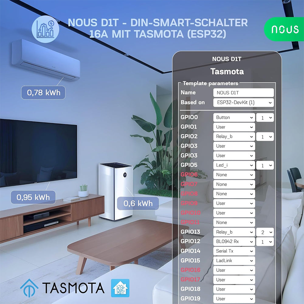 Nous D1T 16A WiFi DIN Smart Switch Power Metering  ESP32 Matter MQTT Tasmota