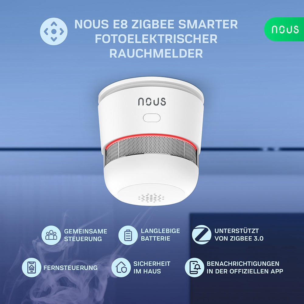 NOUS E8 Zigbee 3.0 Smart Rauchmelder Smoke Sensor Fotoelektrisch 85dB 2MQTT ZHA