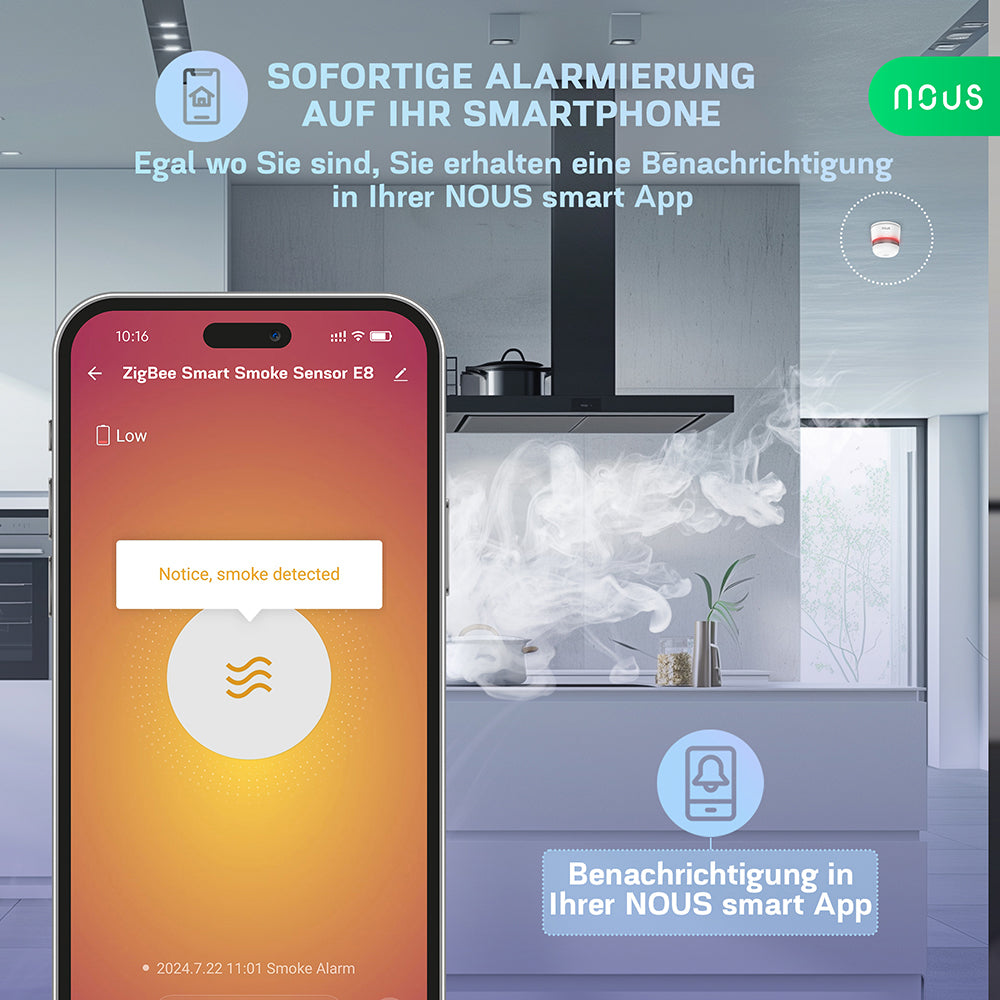 NOUS E8 Zigbee 3.0 Smart Rauchmelder Smoke Sensor Fotoelektrisch 85dB 2MQTT ZHA
