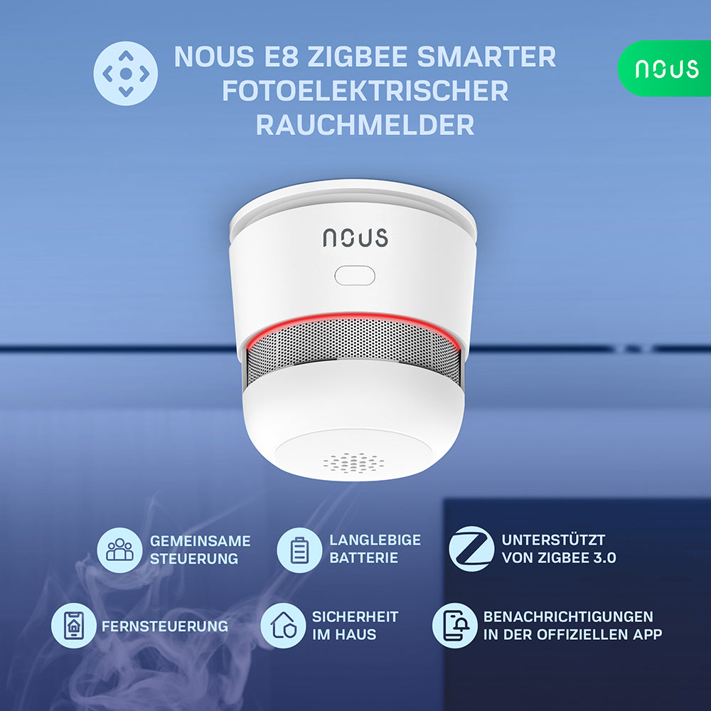 NOUS E8 Zigbee 3.0 Smart Rauchmelder Smoke Sensor Fotoelektrisch 85dB 2MQTT ZHA