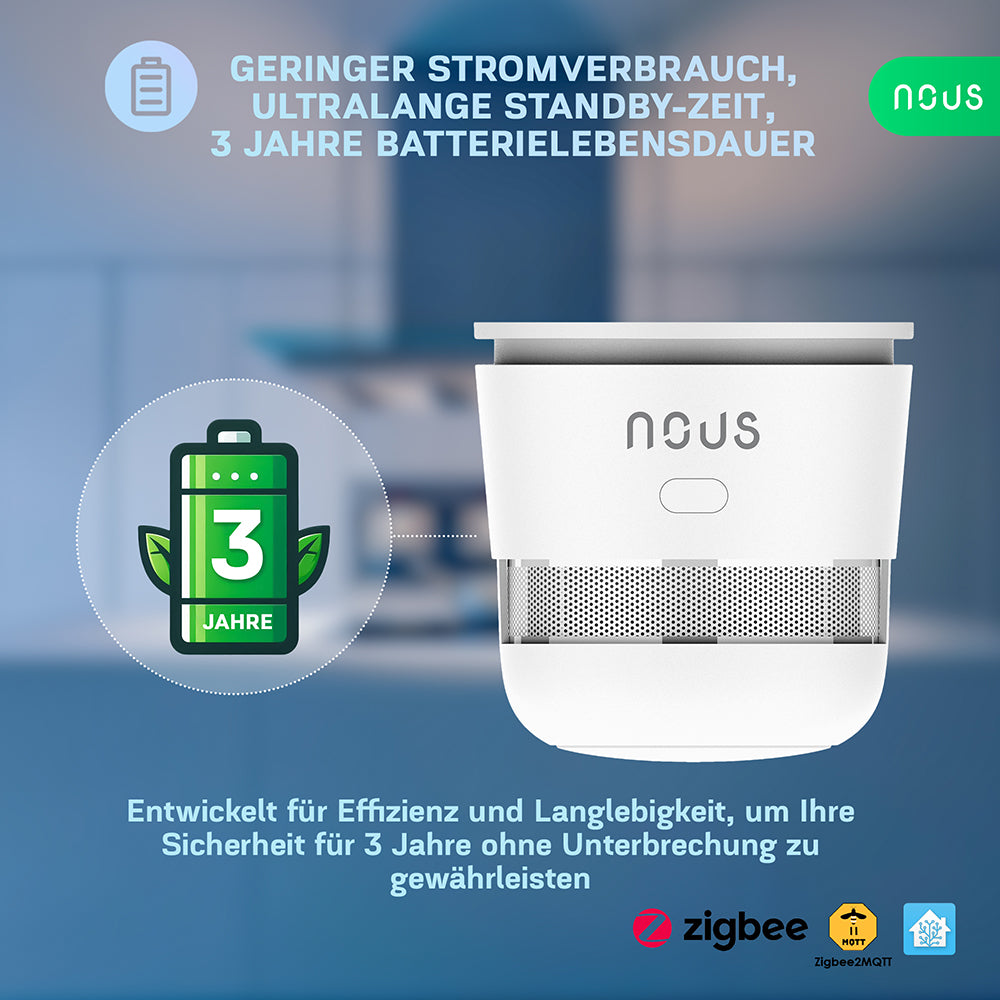 NOUS E8 Zigbee 3.0 Smart Rauchmelder Smoke Sensor Fotoelektrisch 85dB 2MQTT ZHA