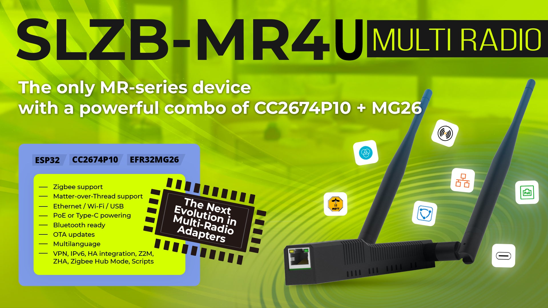 SMLIGHT SLZB-MR4U Zigbee Thread Multiradio CC2652P10 EFR32MG26 LAN PoE USB Wi-Fi