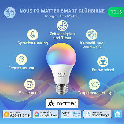 NOUS P3 Smart LED WiFi Matter Bulb Lampe RGB 9 Watt E27 Sockel A60 2700-6500K