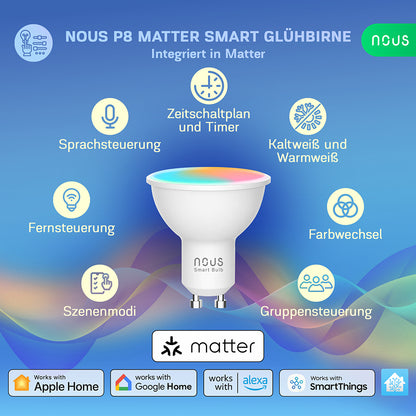 NOUS P8 Smart LED WiFi Matter Bulb Lamp RGB 4,5 Watt GU10 Socket 2700-6500K