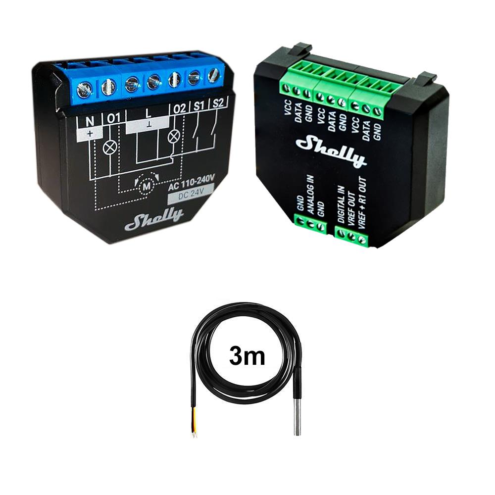 Shelly Plus 2PM + Plus Addon + DS18B20 Temp Sensor 16A DC-AC WiFi Power Metering
